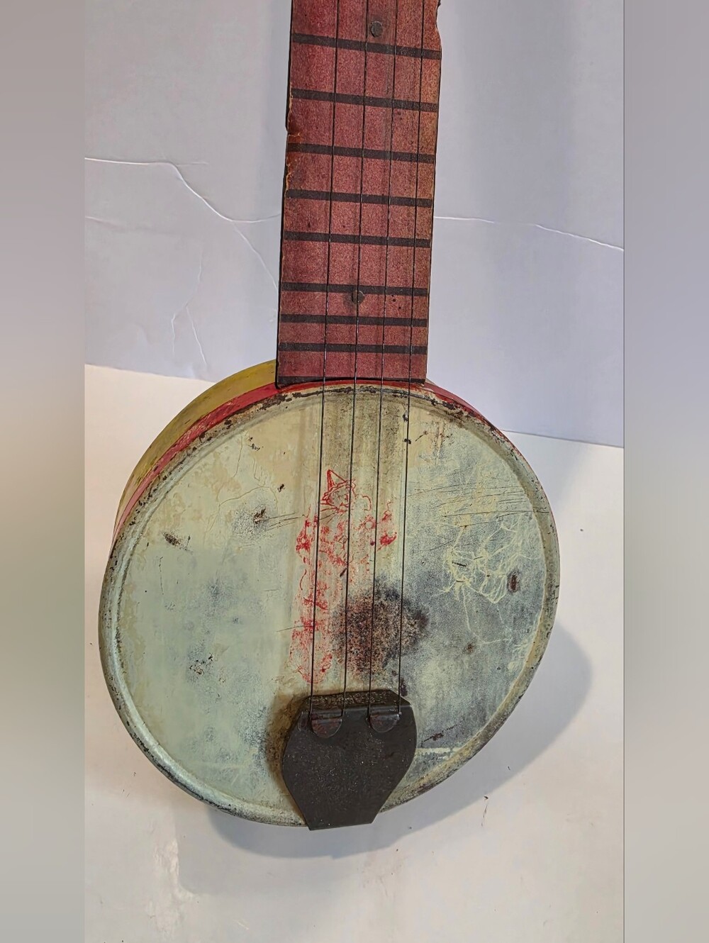 Vintage Dan The Man  Banjo-Style Toy with Red Clown Design And Wooden Neck